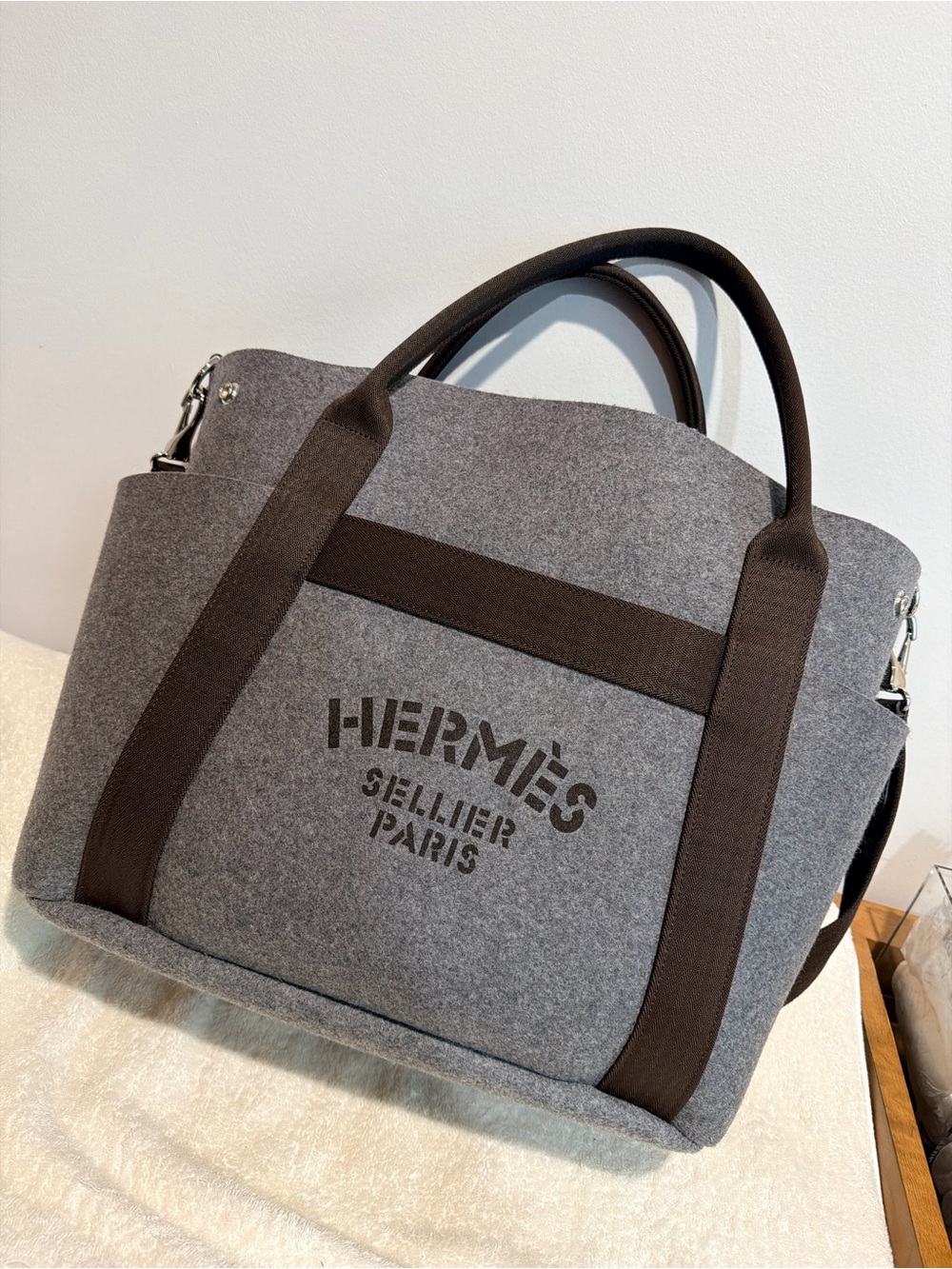 Hermes Grooming Bag - Grey Felt Tote with Dark Brown Handles.